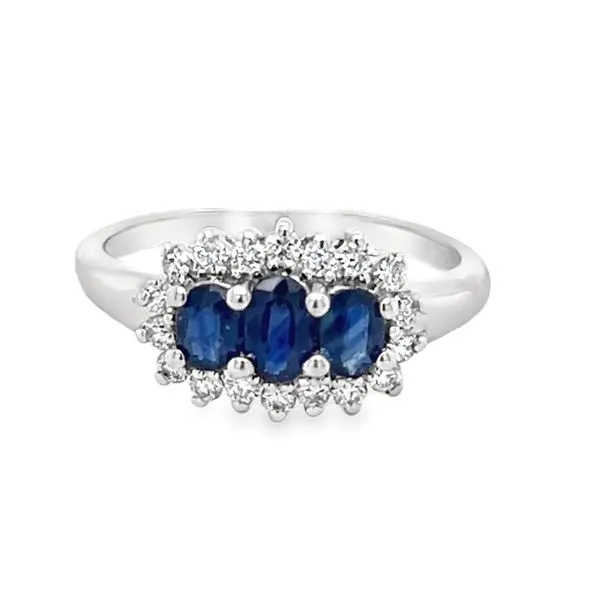 14K White Gold Oval Sapphire & Round Diamond 3- Stone Halo Ring Jo & Co. Jewelers Hardy, VA