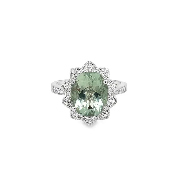 14K White Gold Oval Green Amethyst Ring with Flower Halo Jo & Co. Jewelers Hardy, VA