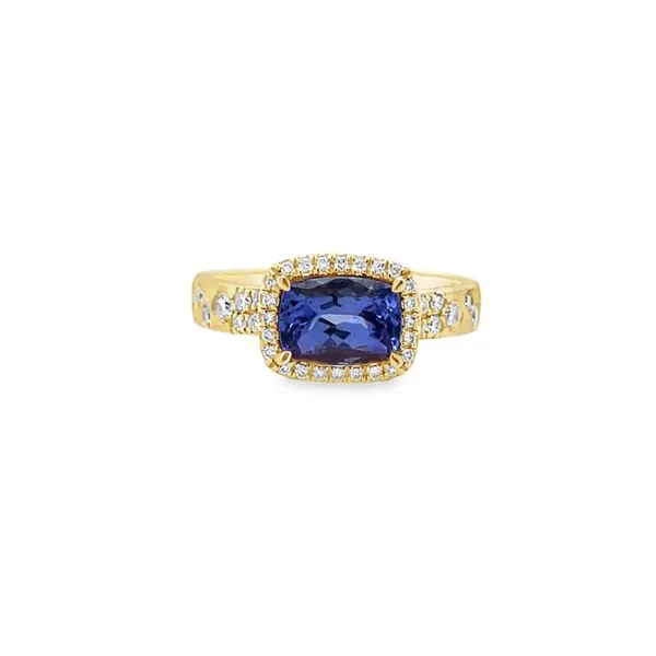 14K Yellow Gold Satin Rectangular Cushion Tanzanite Ring with Diamond Halo Jo & Co. Jewelers Hardy, VA