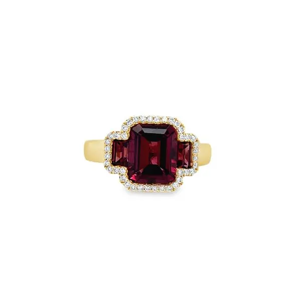 14K Yellow Gold Emerald Cut and Baguette Rhodolite Garnet Ring with Diamond Halo Jo & Co. Jewelers Hardy, VA