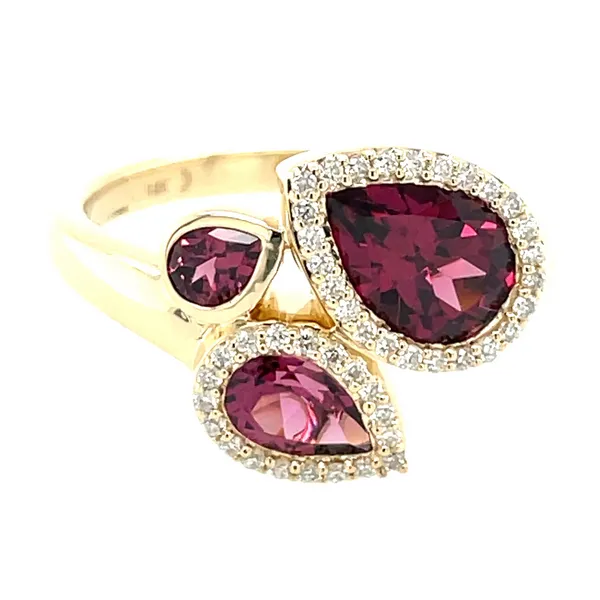 14K Yellow Gold Pear Shaped Rhodolite Garnet and Diamond 3-Stone Bypass Ring Jo & Co. Jewelers Hardy, VA