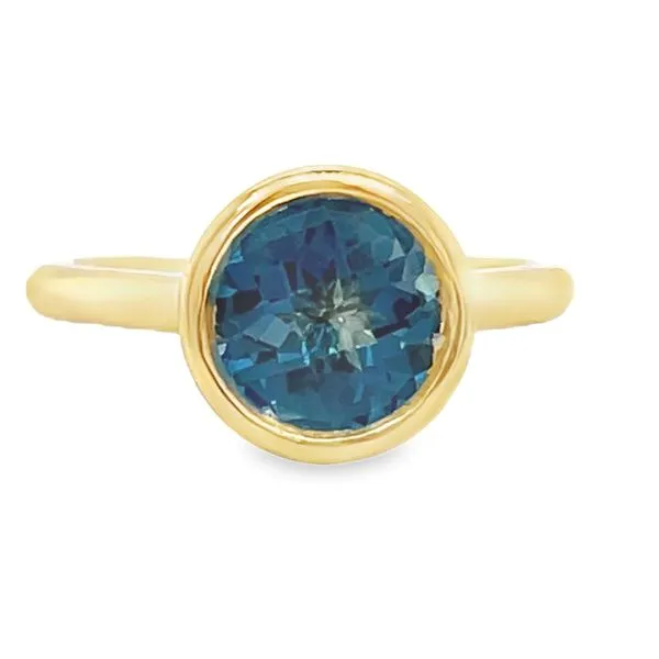 14K Yellow Gold Bezel- Set Round Checkerboard London Blue Topaz Ring With Round Diamonds Jo & Co. Jewelers Hardy, VA