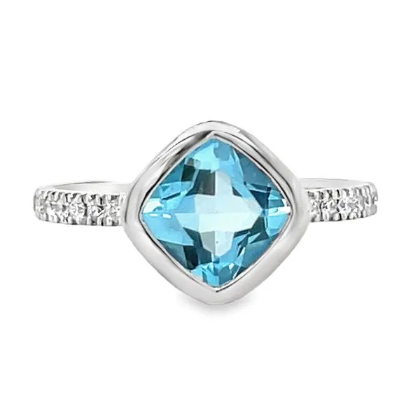 14K White Bezel- Set Checkerboard Cushion Blue Topaz & Round Diamond Ring Jo & Co. Jewelers Hardy, VA