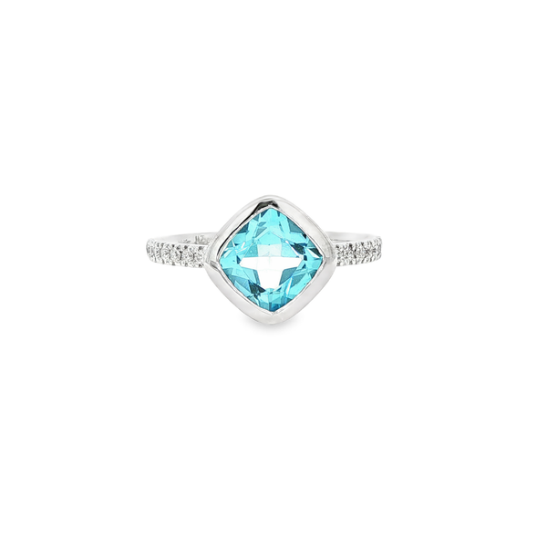 14K White Gold Bezel-Set Checkerboard Cushion Blue Topaz & Diamond Ring Jo & Co. Jewelers Hardy, VA