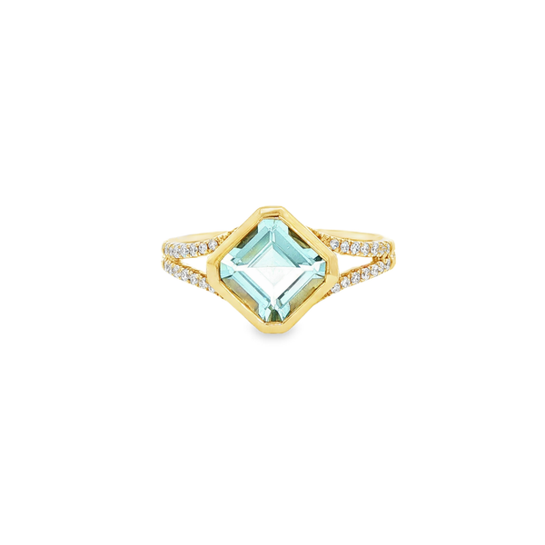 14K Yellow Gold Bezel-Set Aquamarine & Diamond Split-Shank Ring Jo & Co. Jewelers Hardy, VA