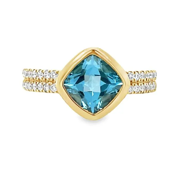 14K Yellow Bezel- Set Cushion Blue Topaz & Round Diamond Double- Row Ring Jo & Co. Jewelers Hardy, VA