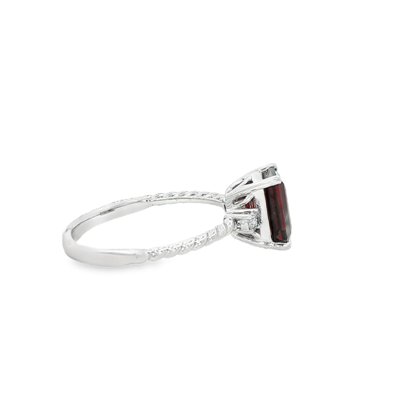 14K White Gold Emerald-Cut Garnet & Diamond Spiral Shank Ring Image 2 Jo & Co. Jewelers Hardy, VA