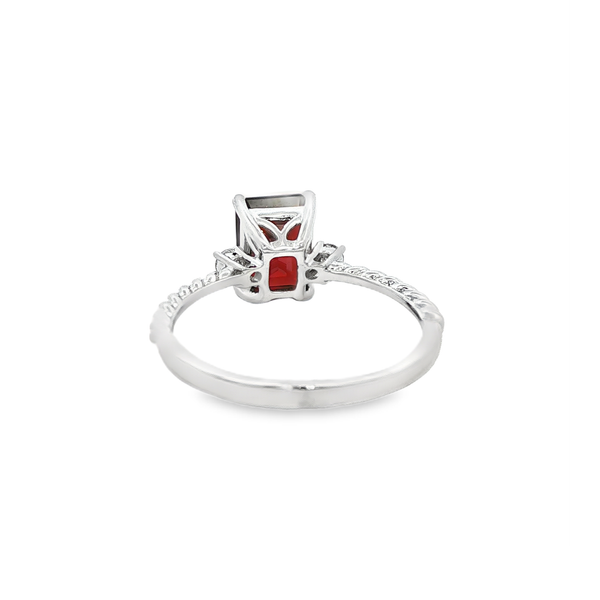 14K White Gold Emerald-Cut Garnet & Diamond Spiral Shank Ring Image 3 Jo & Co. Jewelers Hardy, VA