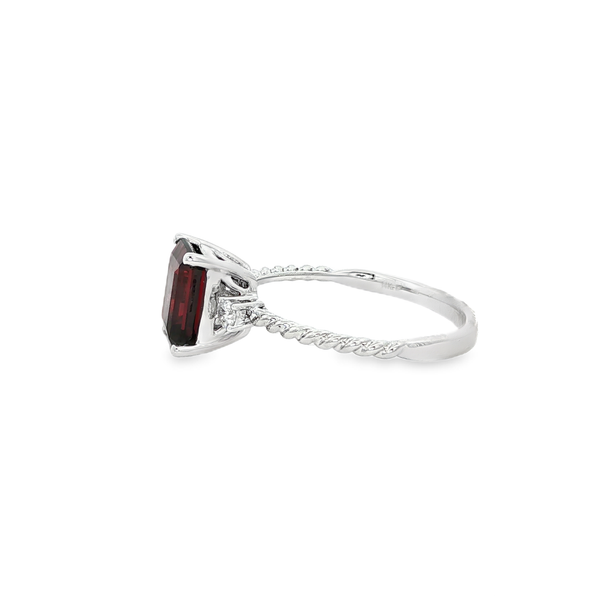 14K White Gold Emerald-Cut Garnet & Diamond Spiral Shank Ring Image 4 Jo & Co. Jewelers Hardy, VA