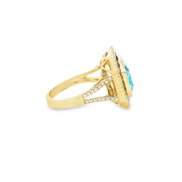 14K Yellow Gold Radiant Blue Topaz, Sapphire & Diamond Double Halo Octagon Ring Image 2 Jo & Co. Jewelers Hardy, VA