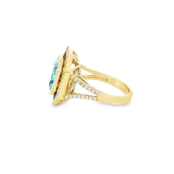 14K Yellow Gold Radiant Blue Topaz, Sapphire & Diamond Double Halo Octagon Ring Image 4 Jo & Co. Jewelers Hardy, VA