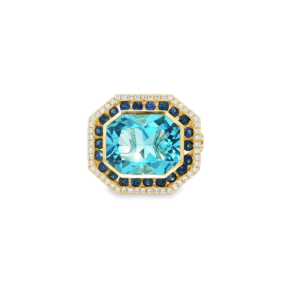 14K Yellow Gold Radiant Blue Topaz, Sapphire & Diamond Double Halo Octagon Ring Jo & Co. Jewelers Hardy, VA