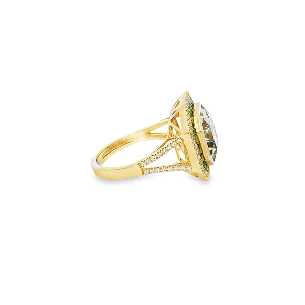 14K Yellow Gold Green Amethyst, Tsavorite & Diamond Double Halo Octagon Ring Image 2 Jo & Co. Jewelers Hardy, VA