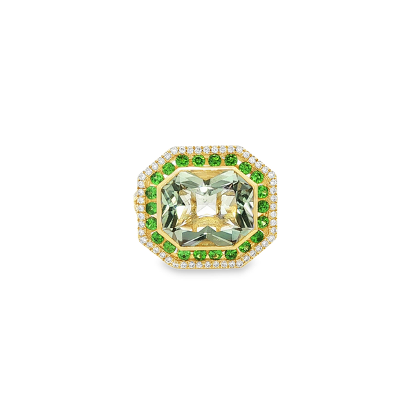 14K Yellow Gold Green Amethyst, Tsavorite & Diamond Double Halo Octagon Ring Jo & Co. Jewelers Hardy, VA