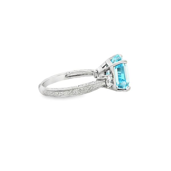 14K White Gold Emerald-Cut Blue Topaz & Diamond Vintage-Style Ring Image 2 Jo & Co. Jewelers Hardy, VA