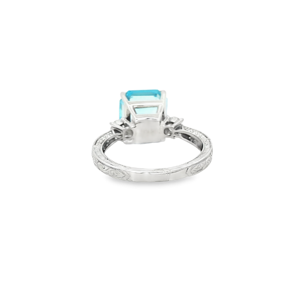 14K White Gold Emerald-Cut Blue Topaz & Diamond Vintage-Style Ring Image 3 Jo & Co. Jewelers Hardy, VA