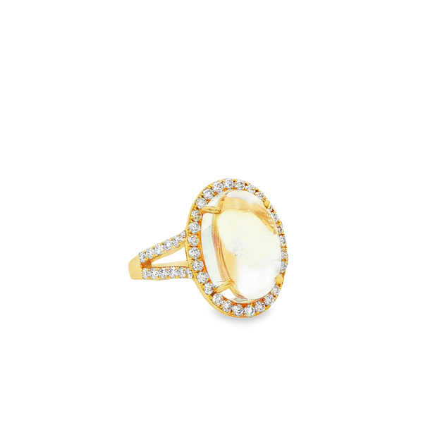 18K Yellow Gold Moonstone & Diamond Split-Shank Halo Ring Image 2 Jo & Co. Jewelers Hardy, VA