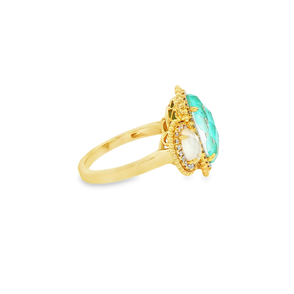 18K Yellow Checkerboard Oval Quartz, Amazonite & Mother-Of-Pearl Doublet Beaded Ring With .26tw Round Diamond Halos Image 2 Jo & Co. Jewelers Hardy, VA