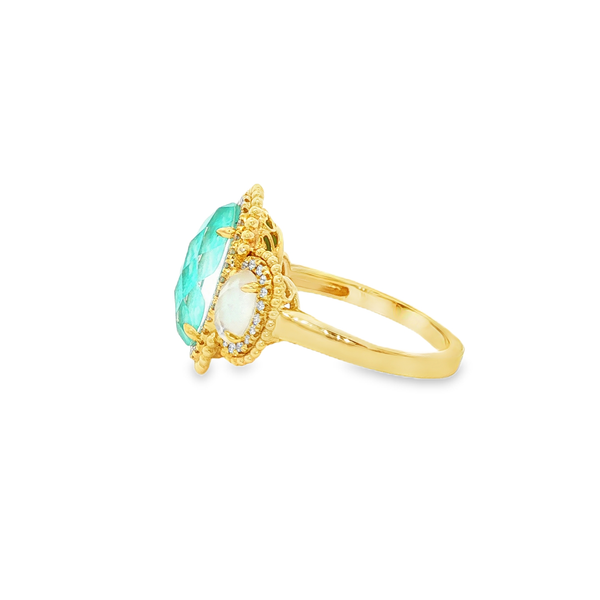 18K Yellow Checkerboard Oval Quartz, Amazonite & Mother-Of-Pearl Doublet Beaded Ring With .26tw Round Diamond Halos Image 4 Jo & Co. Jewelers Hardy, VA