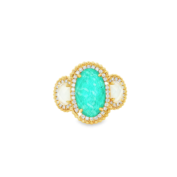 18K Yellow Checkerboard Oval Quartz, Amazonite & Mother-Of-Pearl Doublet Beaded Ring With .26tw Round Diamond Halos Jo & Co. Jewelers Hardy, VA