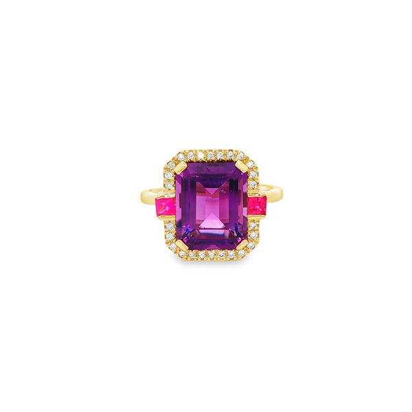 14K Yellow Gold Amethyst, Pink Sapphire & Diamond Halo Ring Jo & Co. Jewelers Hardy, VA