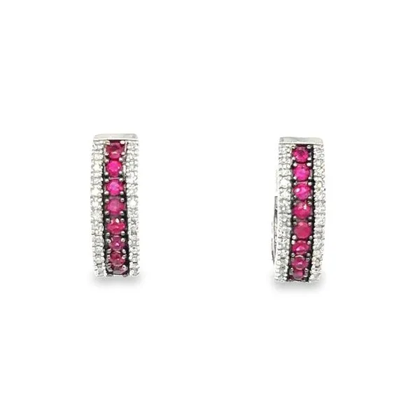 10K White Gold Huggie Hoops with Round Dimamonds and Rubies Jo & Co. Jewelers Hardy, VA