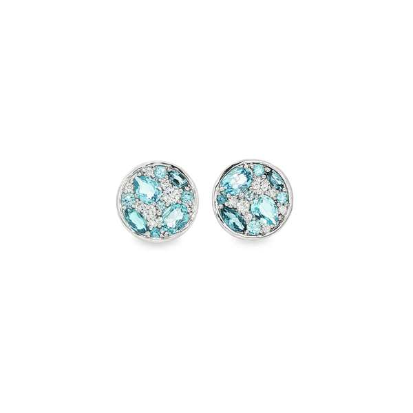 14K White Gold Blue Topaz & Diamond Cluster Disc Stud Earrings Jo & Co. Jewelers Hardy, VA