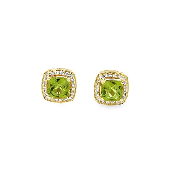 10K Yellow Gold Checkerboard Cushion Peridot Studs with Diamond Halo Jo & Co. Jewelers Hardy, VA