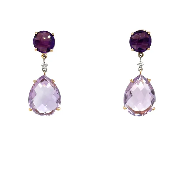 14K Yellow Gold Round and Pear Shaped Checkerboard Light and Dark Amethyst Drop Earrings Jo & Co. Jewelers Hardy, VA