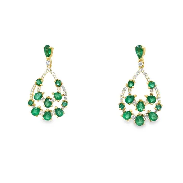 14K Yellow Gold Round and Pear Shaped Emerald Teardrop Post Earrings with Round Diamonds Jo & Co. Jewelers Hardy, VA