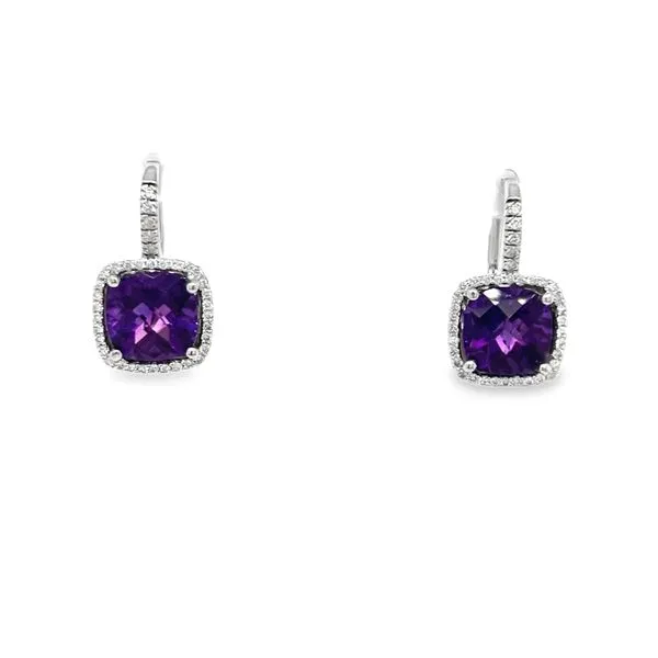 14K White Gold Checkerboard Amethyst and Diamond Halo Lever Back Earrings Jo & Co. Jewelers Hardy, VA