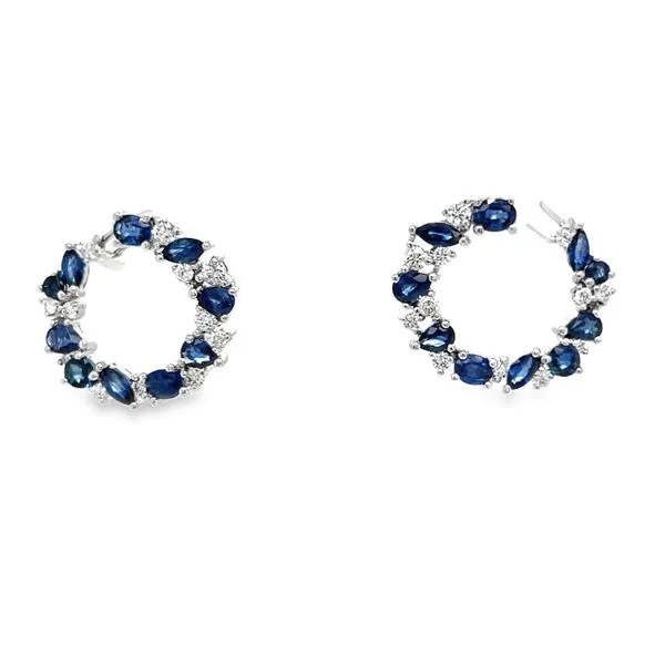 14K White Gold Multi Shape Sapphire Earrings with Omega Back and Round Diamonds Jo & Co. Jewelers Hardy, VA