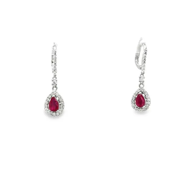 14K White Gold Pear Ruby and Round Diamond Halo Drop Earrings Jo & Co. Jewelers Hardy, VA
