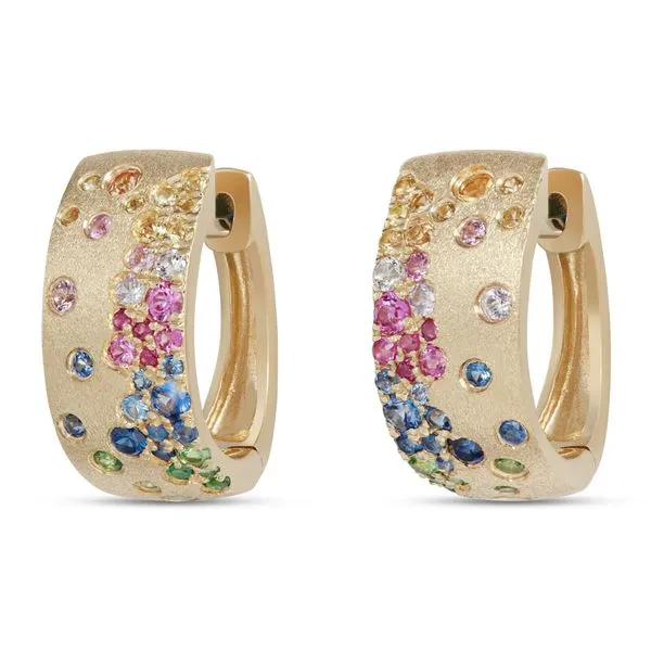 14K Yellow Gold Rainbow Sapphire and Tsavorite Garnet Satin Tapered Oval Hoop Earrings Jo & Co. Jewelers Hardy, VA