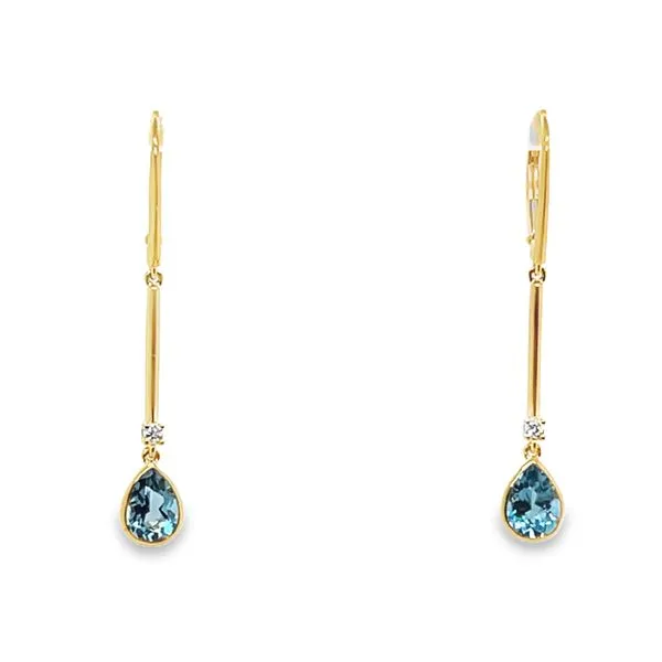 14K Yellow Gold Pear- Shaped London Blue Topaz & Round Diamond Drop Bar Earrings Jo & Co. Jewelers Hardy, VA