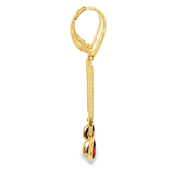 14K Yellow Gold Pear-Shaped Garnet & Diamond Drop Bar Earrings Image 2 Jo & Co. Jewelers Hardy, VA