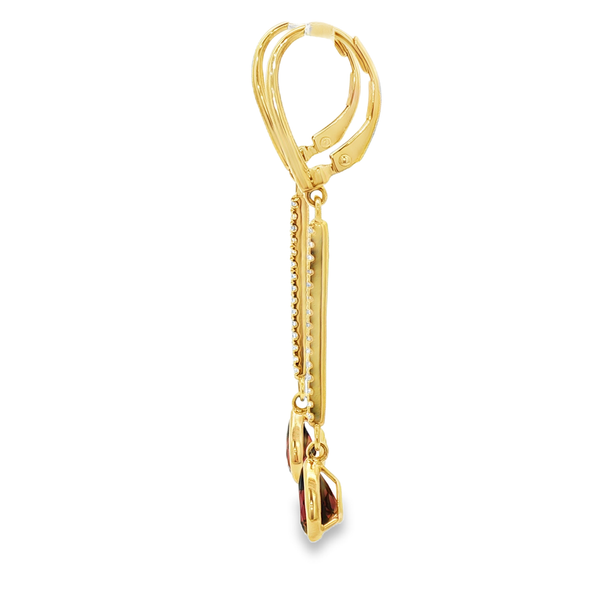14K Yellow Gold Pear-Shaped Garnet & Diamond Drop Bar Earrings Image 4 Jo & Co. Jewelers Hardy, VA
