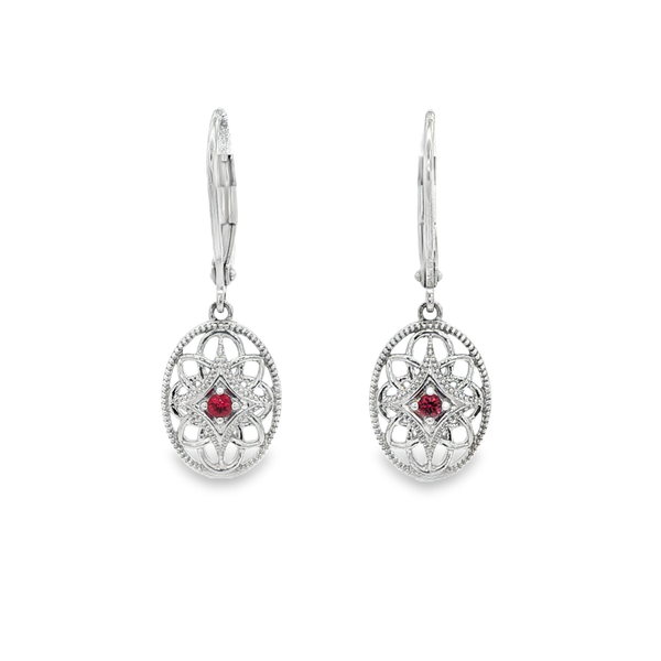 Sterling Silver Round Ruby Milgrain Oval Leverback Drop Earrings Jo & Co. Jewelers Hardy, VA