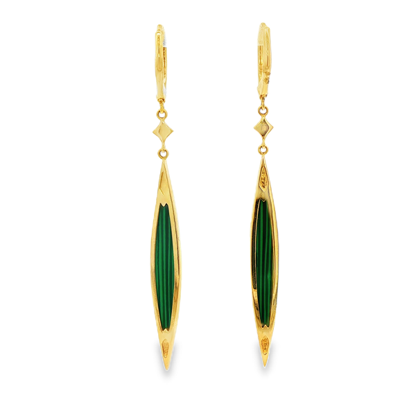 14K Yellow Gold Malachite Diamond Tapered Drop Leverback Earrings .22Tw Image 3 Jo & Co. Jewelers Hardy, VA