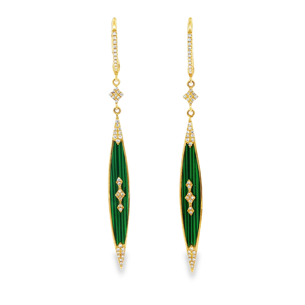 14K Yellow Gold Malachite Diamond Tapered Drop Leverback Earrings .22Tw Jo & Co. Jewelers Hardy, VA
