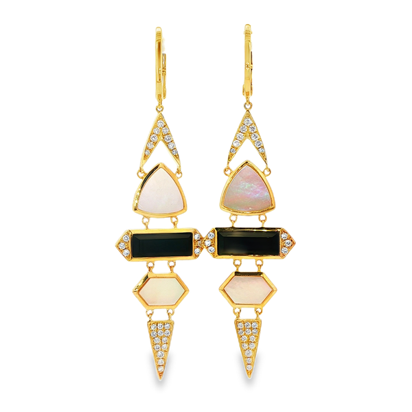 18K Yellow Gold Onyx Mother-of-Pearl Diamond Geometric Drop Earrings .56Tw Jo & Co. Jewelers Hardy, VA