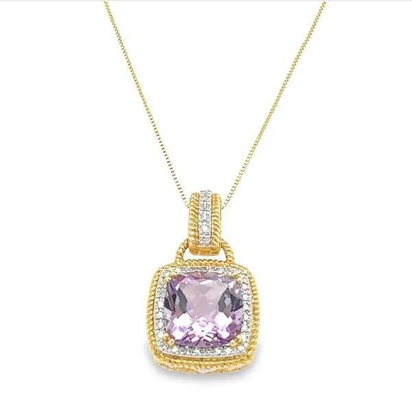 14K Yellow Gold Halo Pendant with Square Cushion Amethyst and Round Diamonds Jo & Co. Jewelers Hardy, VA