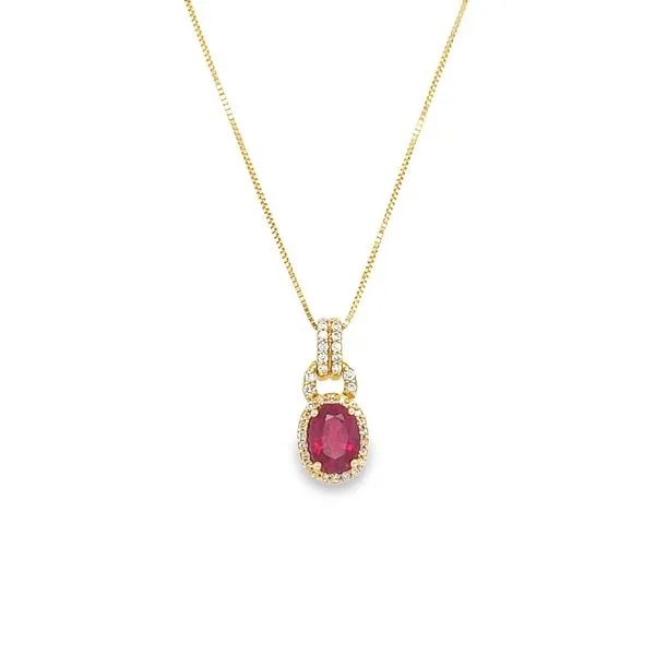 14K Yellow Gold Halo Pendant with Oval Ruby and Round Diamonds Jo & Co. Jewelers Hardy, VA