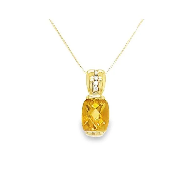 14K Yellow Gold Drop Pendant with a Rectangular Cushion Citrine Round Diamonds Jo & Co. Jewelers Hardy, VA