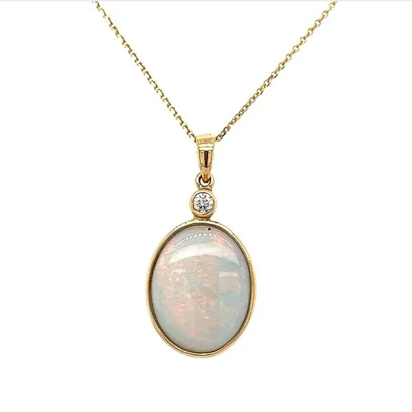 4K Yellow Gold Bezel Set Oval Opal and Round Diamond Pendant Jo & Co. Jewelers Hardy, VA