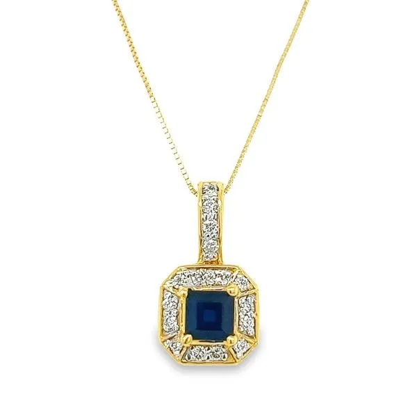 14K Yellow and White Gold Princess Cut Sapphire Pendant with Diamond Halo Jo & Co. Jewelers Hardy, VA