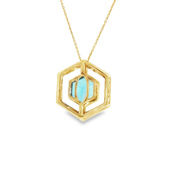 14K Yellow Gold Hexagon Blue Topaz & Diamond Pendant Necklace Image 3 Jo & Co. Jewelers Hardy, VA