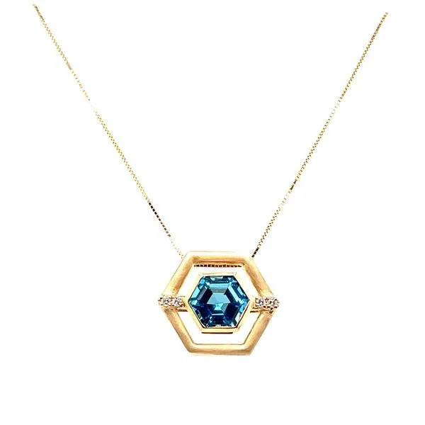 14K Yellow Gold Hexagon Blue Topaz Pendant with Round Diamonds Jo & Co. Jewelers Hardy, VA
