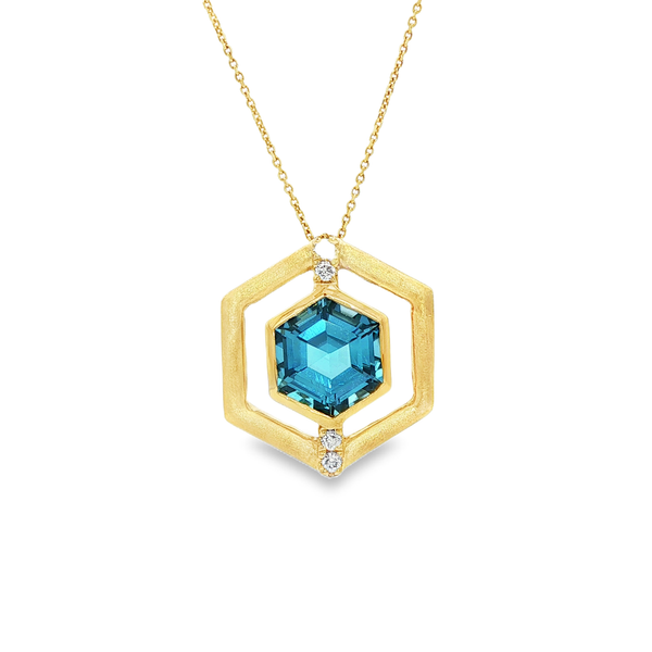 14K Yellow Gold Hexagon Blue Topaz & Diamond Pendant Necklace Jo & Co. Jewelers Hardy, VA