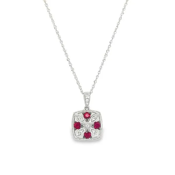 14K White Gold Square Pendant with Round Rubies and Diamonds Jo & Co. Jewelers Hardy, VA